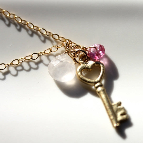 Love Unlocked Necklace - 18k Gold Key Charm & Pink Topaz and Rose Quar ...