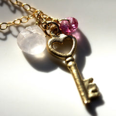 Love Unlocked Necklace - 18k Gold Key Charm & Pink Topaz and Rose Quartz Gemstone Necklace