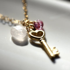 Love Unlocked Necklace - 18k Gold Key Charm & Pink Topaz and Rose Quartz Gemstone Necklace