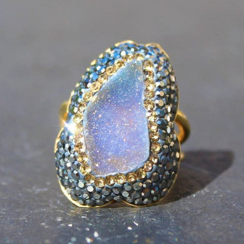 Mood Ring - 24k Gold, Sky Druzy & Swarovski Crystal Cocktail Ring