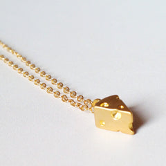 Cheese Fiend Necklace - 3D 18k Gold Swiss Cheese Charm Necklace